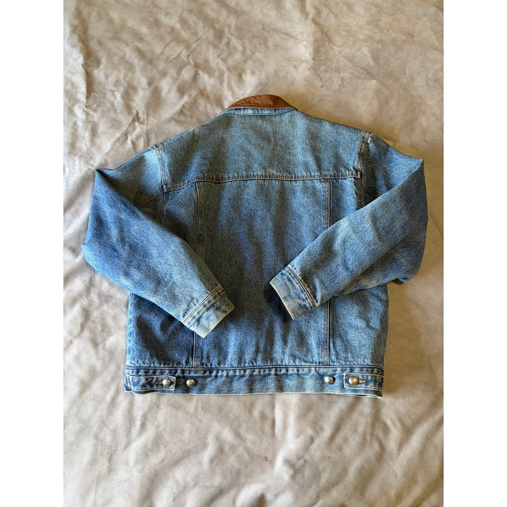 Vintage Woolrich Denim Trucker Jacket Leather Collar Fleece Lined Blue Mens XL - Picture 2 of 8